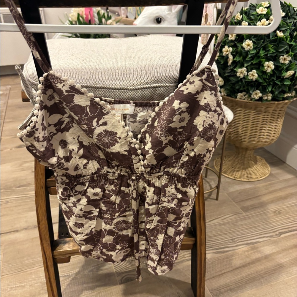 Women's Floral Print Spaghetti Strap Tank Top - Brown/Cream - Size XL